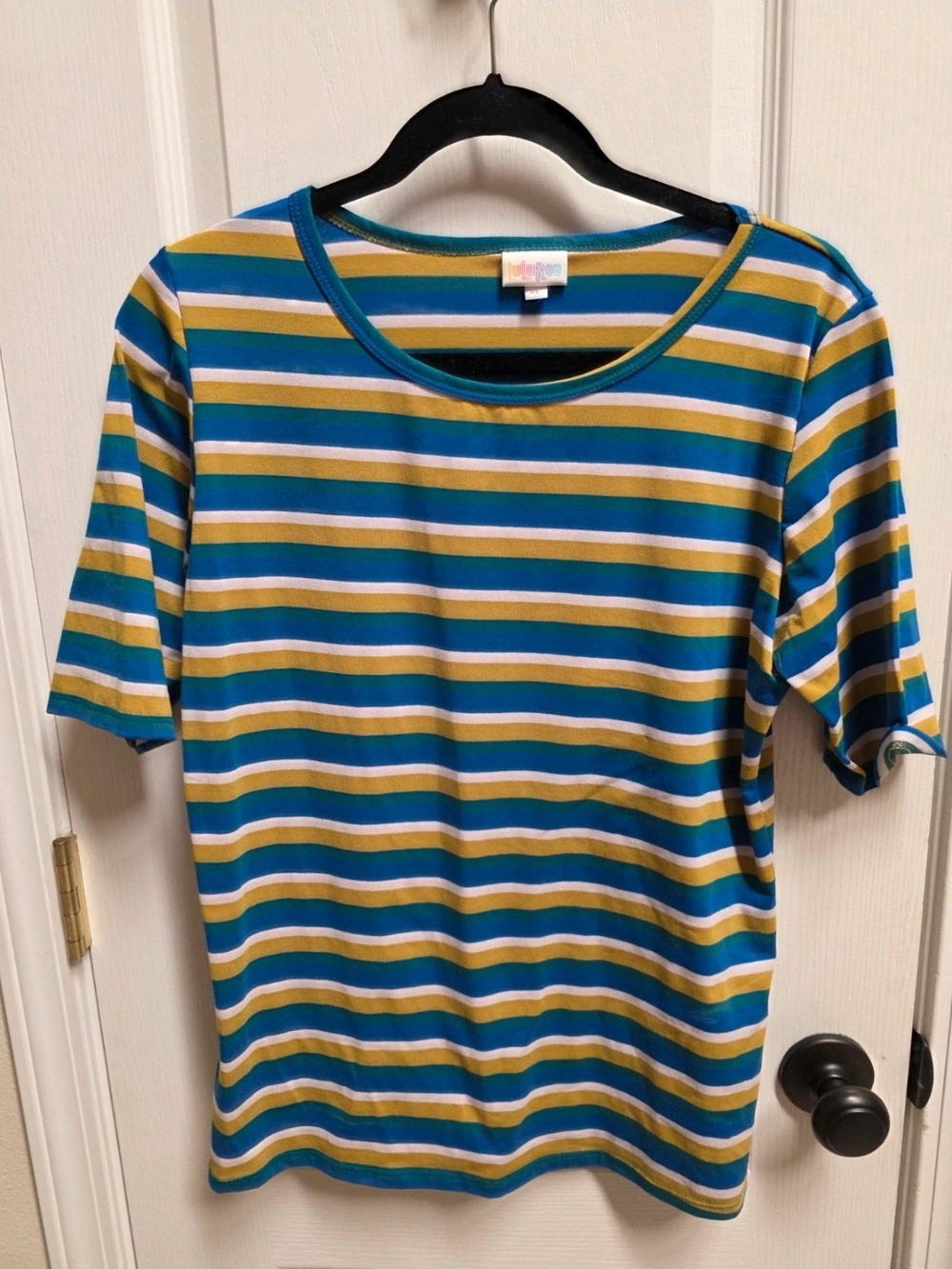 LuLaRoe Women's Short Sleeve Tee in Blue, Yellow, White Stripes
